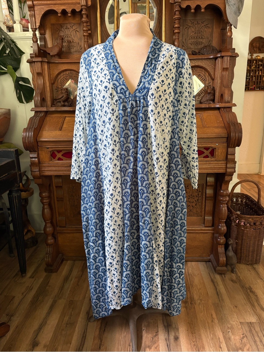 World Market 100% Cotton Blue and White Printed V-Neck Dress